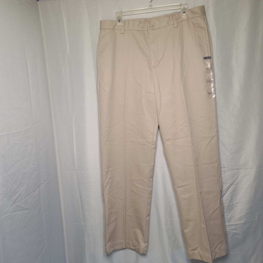 Van Heusen Chino Pants Mens 34x32 Tan Classic Fit Non-Iron Cotton Khaki Trousers